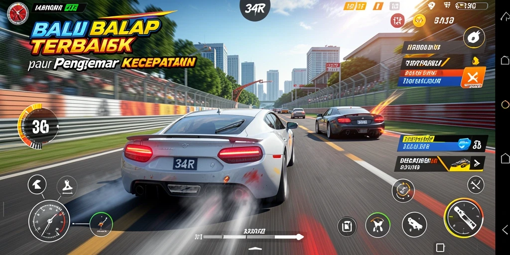 Screenshot game 34R menampilkan aksi balap yang intens.