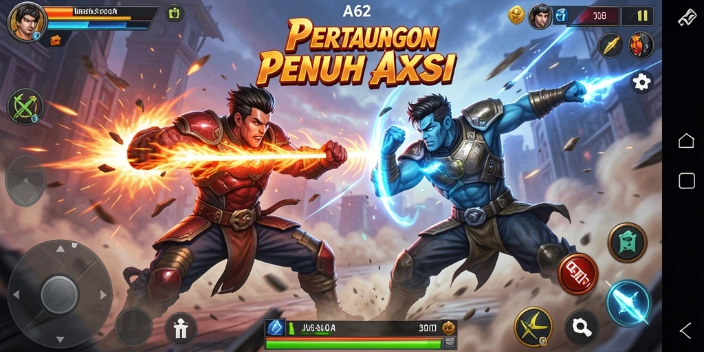 Screenshot gameplay AA62 menampilkan pertarungan karakter yang intens.