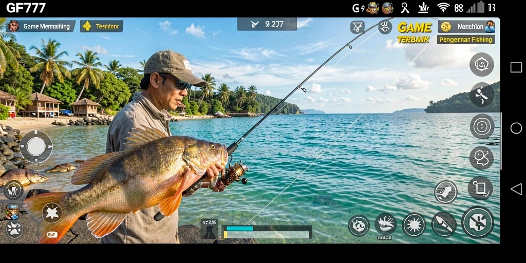 Screenshot utama GF777 menampilkan pemain yang menangkap ikan di laut yang indah.
