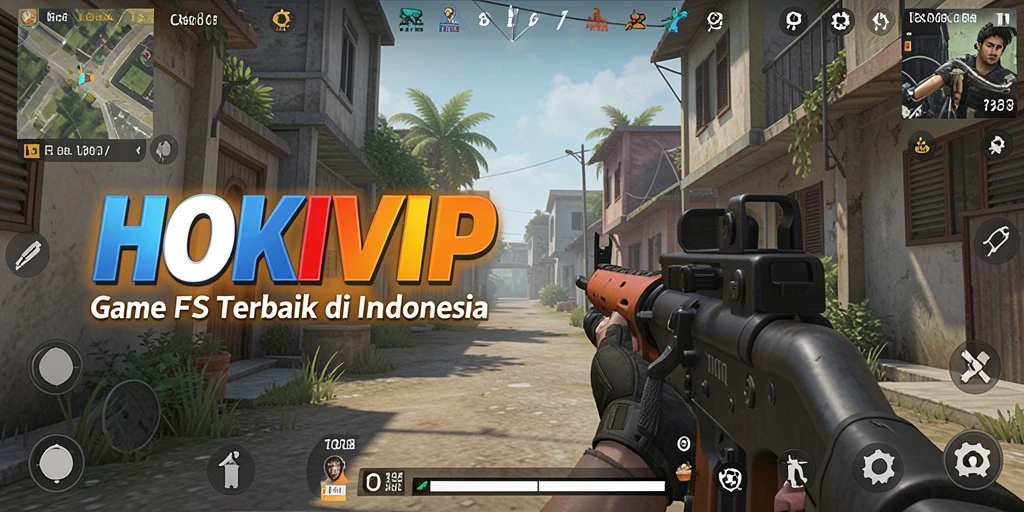 Screenshot menunjukkan aksi tembak-menembak menegangkan dalam HOKIVIP.