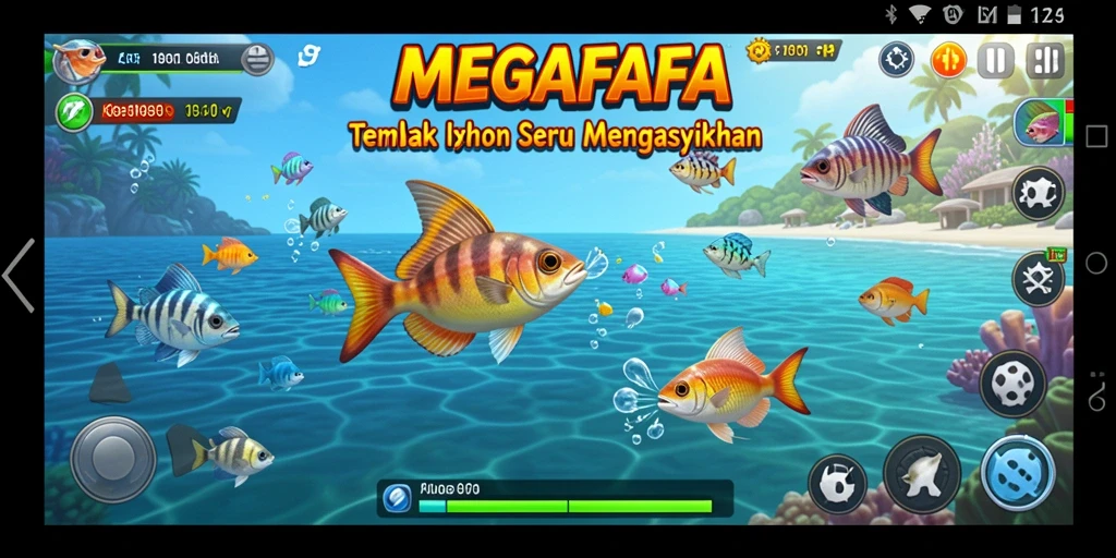 Screenshot gameplay MEGAFAFA yang menunjukkan aksi menangkap ikan.