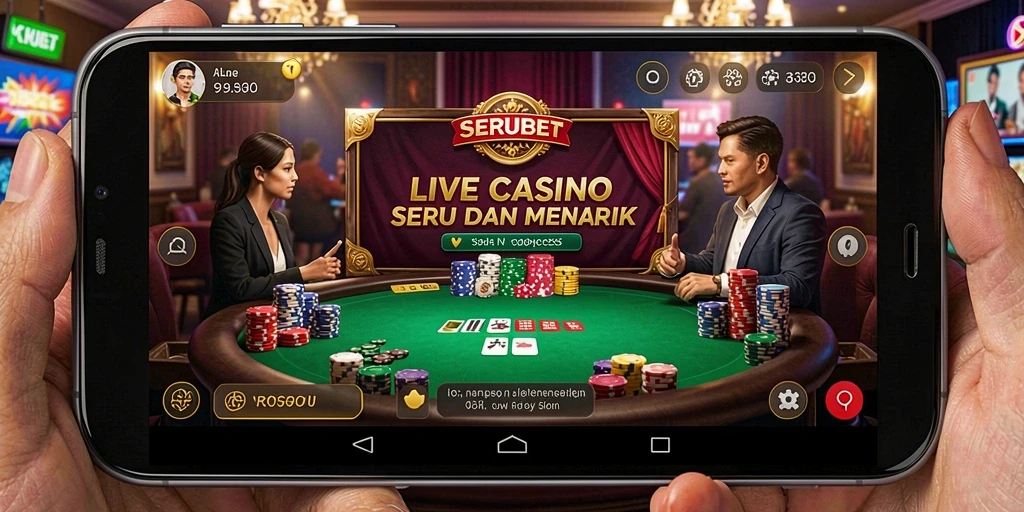 Screenshot gameplay SERUBET menampilkan dealer live dan suasana kasino.